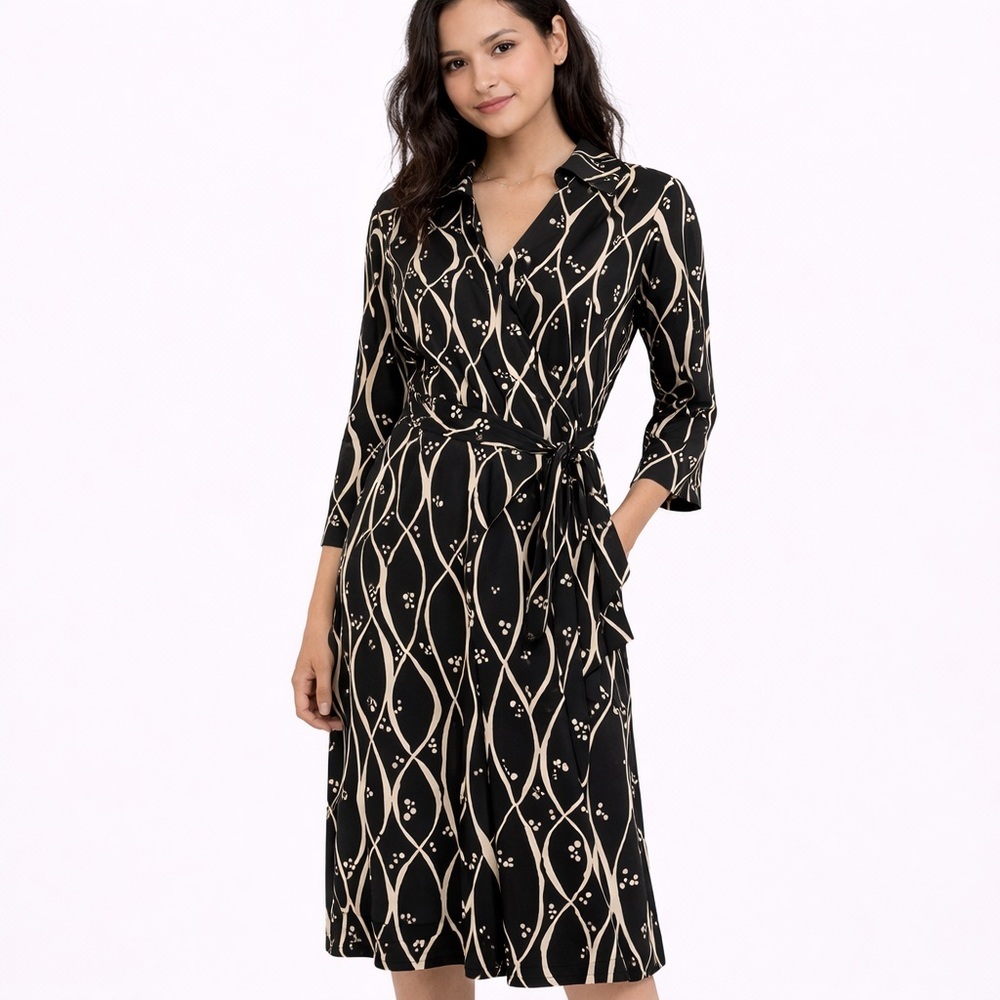 EUC Talbots Petite Geo Print V-neck Black & Tan Dress, Size 14